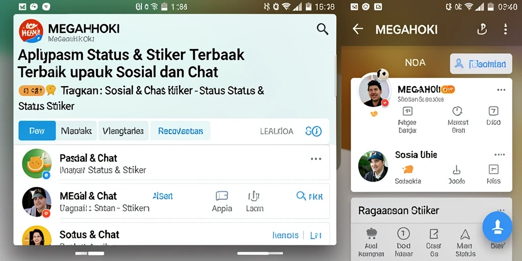 Tampilan antarmuka pengguna MEGAHOKI yang menampilkan stiker kreatif dan status.